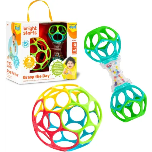 Bright Starts Easy-Grasp Oball Bundle Gift Set - Grasp The Day, Ball and Rattle Toys 2-Pack, BPA Free, Unisex, Newborn+