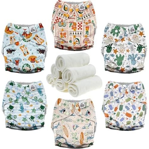 Mama Koala 3.0 Cloth Diapers for Babies with AWJ Lining, 6 Pack with 6 Natural Cloth Diaper Inserts - Reusable and Washable Pocket Diapers (in the Sea)