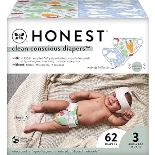 The Honest Company Clean Conscious Diapers | Plant-Based, Sustainable | Spring '24 Limited Edition Prints | Club Box, Size 3 (16-28 lbs), 62 Count
