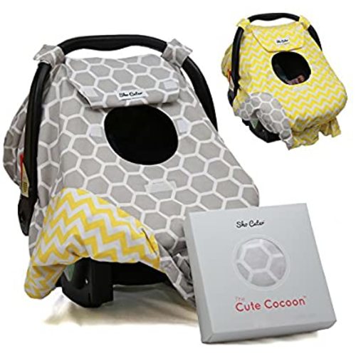 Sho Cute - [Reversible] Carseat Canopy | All Season Baby Car Seat Cover Boy or Girl | 100% Cotton | Unisex Grey Honeycomb & Yellow Chevron | Universal Fit | Baby Gift -Patent Pending