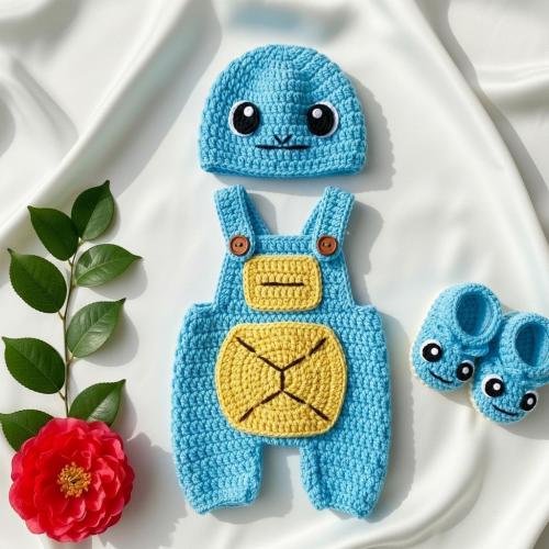 Crochet Squirtle Baby Outfit Set Hooded Turtle Costume, Pokémon Anime Gift, crochet sweater baby outfit animal, crochet clothing