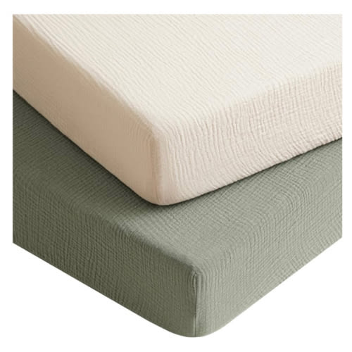 Konssy Muslin Crib Sheets for Boys, Soft Cotton Neutral Baby Sheets for Standard Crib Mattress 2 Pack, 52"x28" (Fog Green,Cream)