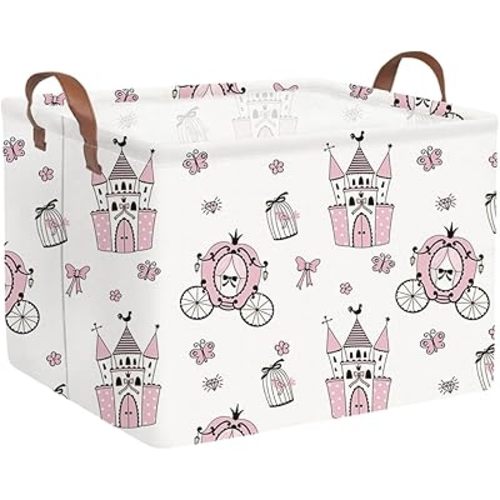 Rectangular castle Storage Basket,Kids Dirty Clothes Hamper,Waterproof canvas storage basket,Books Box,Girls Room decor(Pink Princess)
