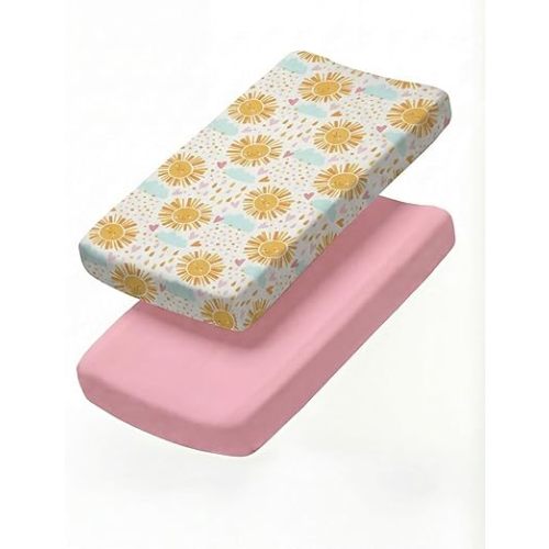 Changing Pad Cover - Pack of 2 Soft Unisex Diaper Change Microfiber Table Sheets - Fits 32"x16" Contoured Pad - Changing Pad Cover for Baby Boys & Girls - Snug, Machine Washable - Oeko-Tex, Sunny Drop
