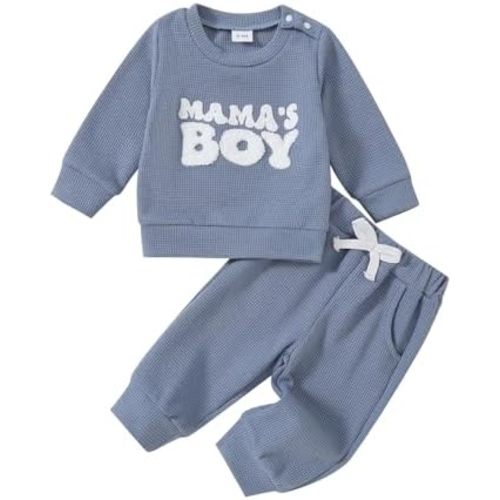 Toddler Baby Boy Fall Winter Clothes Waffle Knit Long Sleeve Sweatshirt Pants Set MAMA'S BOY Embroiderey Outfit Set