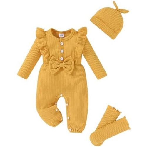YOUNGER TREE Baby Girl Clothes Newborn Infant Ruffle Romper Long Sleeve Sweater Jumpsuit Hat Socks Toddler Fall Winter Outfit