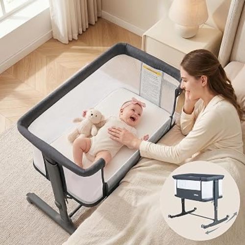INFANS 3 in 1 Baby Bassinet, Bedside Sleeper for Newborn, Folding Crib with Mattress, Travel Bag, Wheels, 4-Sided Mesh, Easy to Assemble Cradle Co Sleeper Stationary, Rock (Dark Grey)