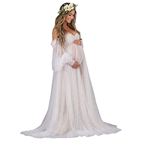 PRESEOSSA Pearl Tulle Maternity Dress for Photoshoot Long Puffy Sleeve Off Shoulder Babyshower Bridal Pregnancy Gowns