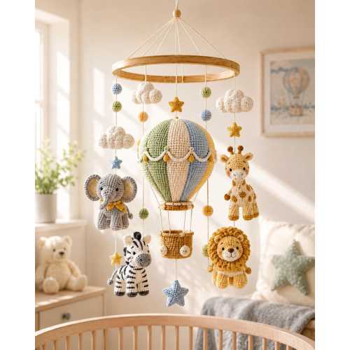 Crochet Safari Baby Mobile, Hot Air Balloon Crib Mobile, Jungle Animal Nursery Decor, Lion Giraffe Elephant Baby Shower Gift