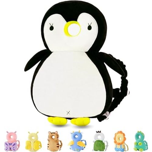 JunNeng Baby Head Protector Backpack, Toddler Walking Fall Head Protection, White Black Penguin