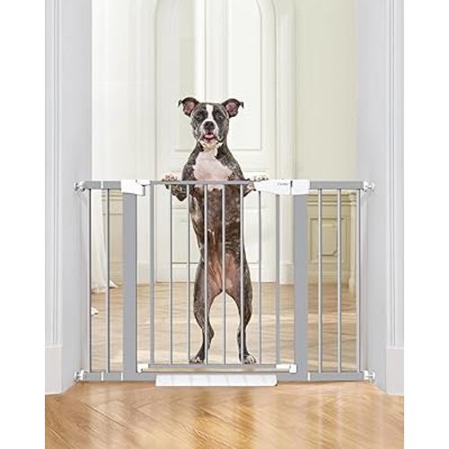Cumbor 29.7-46" Baby Gate for Stairs, Gifts for Mom-Auto Close Dog Gate for The House, Easy Install Pressure Mounted Pet Gates for Doorways, Easy Walk Thru Wide Safety Gate for Dog, Gray