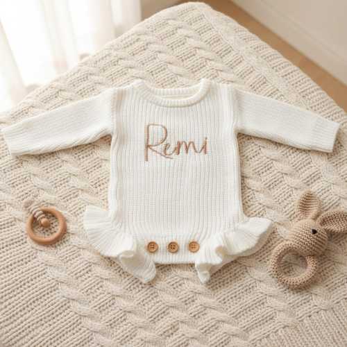 Custom Name Knit Romper, Embroidered Baby Clothing, Newborn Hospital Going Home Outfit, Birth Announcement, Warm Chunky Sweater