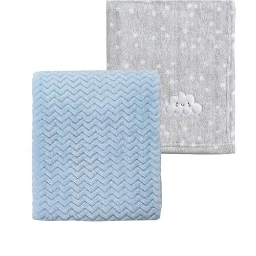 CREVENT 2Pcs 30''X40'' Cute Cozy Fluffy Warm Baby Blankets for Infants Toddlers' Bedding Crib Cot Stroller - Grey Cloud + Wave Blue
