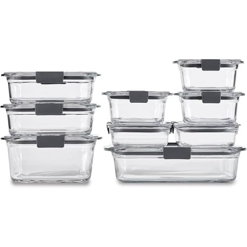 Rubbermaid Brilliance Glass Food Storage Containers, Assorted Sizes, Set of 9, BPA-Free, Leak-Proof, Clear