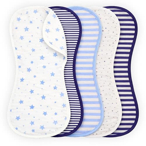 Organic Baby Burp Cloths 5 Pack - GOTS Certified Organic Cotton, Contoured Figure-8 Design, Extra Absorbent, 22x11 in, Newborn Burp Rags for Baby Boys, Navy and French Blue