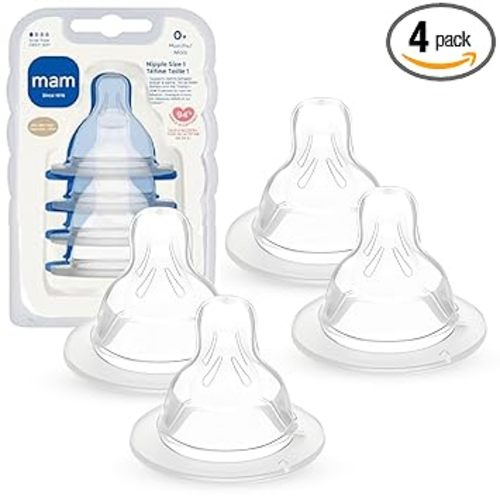 MAM Baby Bottle Nipples Slow Flow Size 1, for 0+ Month Newborn Babies, Skin Soft BPA Free Silicone, 94% Nipple Acceptance, Fits All MAM Bottles, Developed with Medical Experts, 4 Pack, Made in Europe