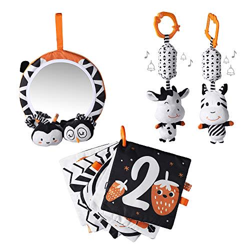 TUMAMA Baby Toys Gift Set Black and White Tummy Time Mirror Plush Rattles Rings and Crinkle Soft Cloth Book Flashcard, Car Seat Stroller Hanging Toy for 0 3 6 9 12 Months Newborn Infant Toddler