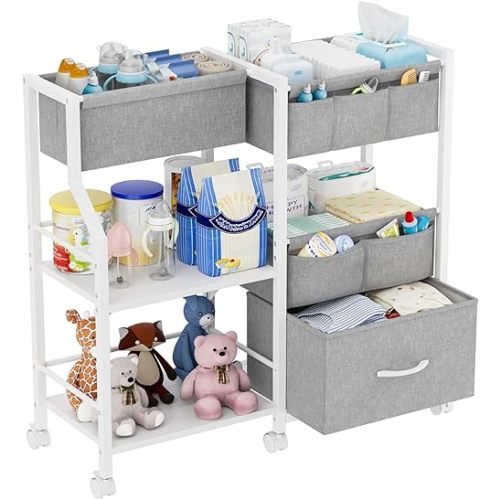 Novvia Baby Diaper Caddy Organizer and Storage, 3 Tier Rolling Cart with Dividers and Drawers, Mobile Utility Cart with Wheels for Nursery, Bedroom, Baby Newborn Essentials Storage Cart, White