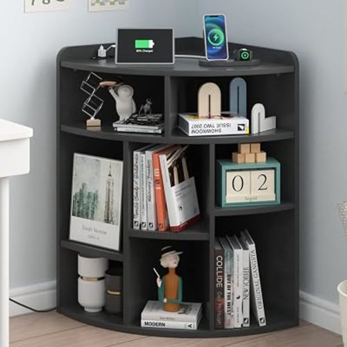 VECELO Corner Cube Shelf with USB Ports & Outlets, Modern Corner Toy Storage Rack with Adjustable Shlef, Wooden Display Bookshelf Bookcase for Living Room, Bedroom, Dining Room, Kitchen, Black