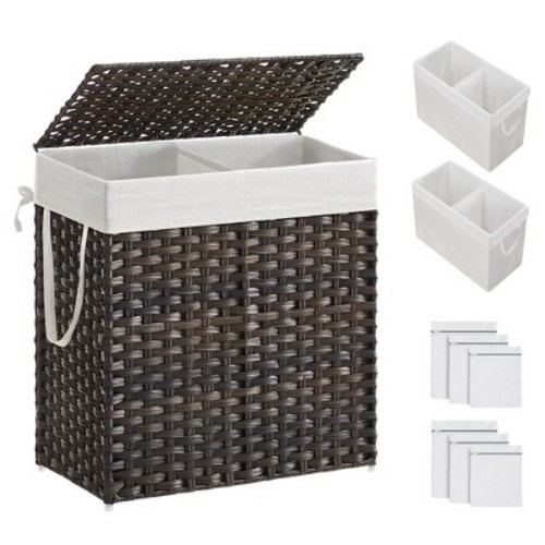 SONGMICS 110L Laundry Hamper with Lid Clothes Hamper with 2 Removable Liner Bags & 6 Mesh Bags Brown