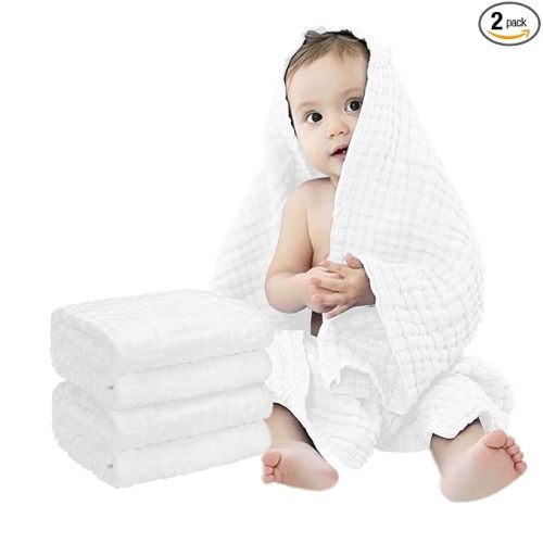 FOOK FISH Muslin Baby Towel Muslin Cotton 2-Pack 6-Layer Large Size 40" x 40" Cotton Baby Bath Towels Triple Absorbency and Quick-Drying (White)