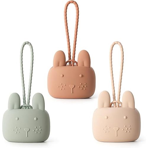 ROCCED Pacifier Holder Case Silicone Bunny Design Pacifiers Pouch with Soft Silicone Strap, Travel Storage for Stroller & Diaper Bag, Pacifier Holder Pouch for Baby, Set of 3 Beige Dusty Green Brown