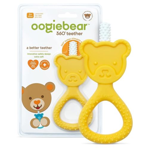 oogiebear 360˚ Teether - Safe Teething Toys for Babies 3 Months and Older | Soft Bristle Teddy Bear Silicone Teether | Super Soft BPA-Free Silicone - Yellow
