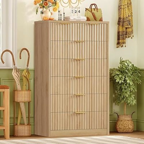 TEENOFN Fluted Dresser for Bedroom with 7 Drawers, 48" Tall Modern Chest of Drawers with Metal Handle, Wooden Dresser TV Stand, Wood Closet Clothes Storage Organizer for Living Room, Hallway, Natural
