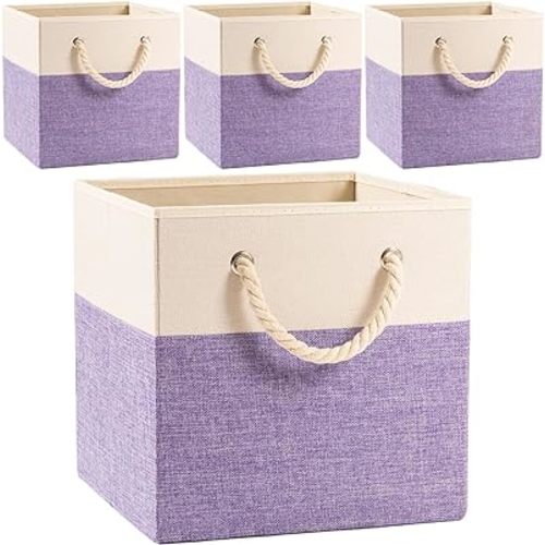 PRANDOM Large Foldable Cube Storage Bins 11x11 inch [4-Pack] Fabric Linen Storage Baskets Cubes Drawer with Cotton Handles Organizer for Shelves Nursery Closet Bedroom Purple