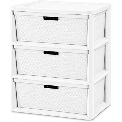 Wide 3-Drawer Plastic Storage Tower with Cross-Weave Removable Bins