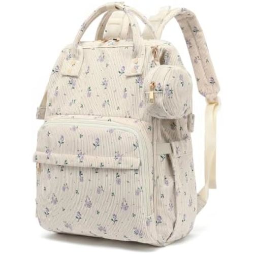 Baby Diaper Bag Backpacks for Mom Dad, Corduroy Large Capacity Multifunction Nappy Bag with Pacifier Case, Baby Travel Essentials Diaper Backpack for Boys Girls - Flowers Purple