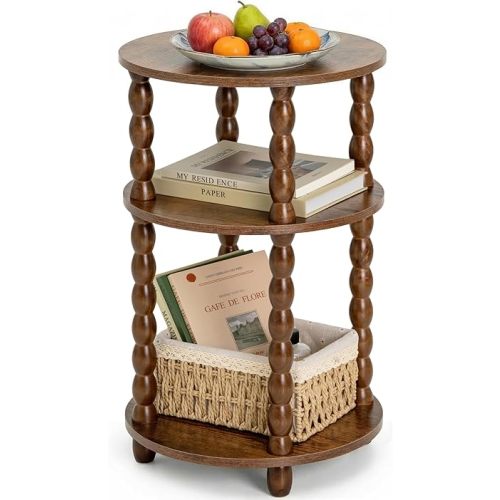Round Side Table with 3-Tier Shelves, Small End Table with Solid Wood Legs for Living Room Bedroom, Modern Circular Coffee Table Nightstand for Small Spaces, Easy No-Tool Assembly