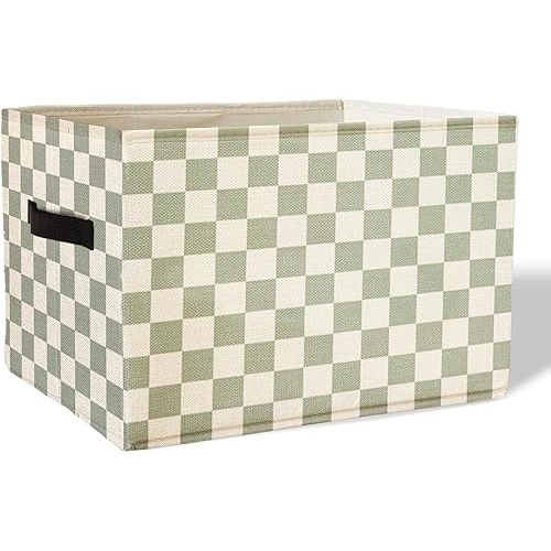 Sage Green Checkered Storage Basket Organizer Bins With Handles,Rectangular Organizing Decorative Storage Basket for Kids,Cute Aesthetic Checkered Room Decor for Bedroom Bathroom Classroom