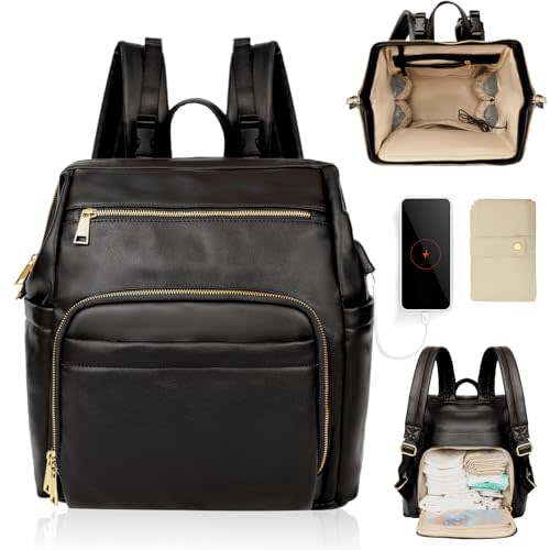 Omanmoli Diaper Bag Backpack Leather Diaper Bag Backpack Baby Bags With 18 Organizing Pockets,6 Insulated Pockets,USB Charging Port,Stroller Straps,Changing Pad (Black)