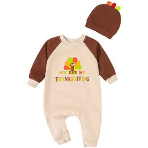 Newborn Baby Boy Girl Thanksgiving Outfit, My First Thanksgiving’s Day Outfits Turkey Romper Jumpsuit Turkeys Hat