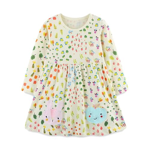 Lukiwel Toddler Girls Long Sleeve Dress Fall Winter Casual Cartoon Applique Party Knitted Cotton Shirt Dress