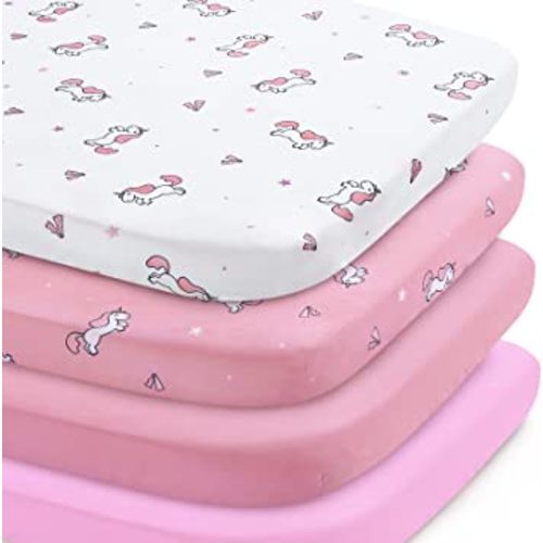 Bassinet Sheet 4 Pack for Baby Girls, Bassinet Sheets Universal Fit for Rectangle, Oval, Hourglass Bassinet Pad/Mattress, Stretchy Bassinet Sheets, Pink Print