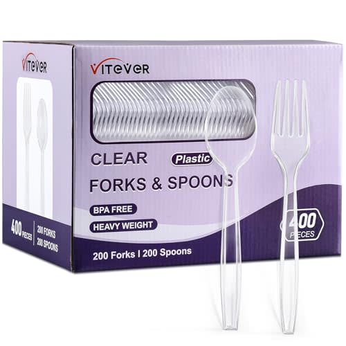 [400 Count] Clear Plastic Forks and Spoons Set Bulk - Heavy Duty Disposable Spoons and Forks Silverware, Plastic Utensils Cutlery Set for Party