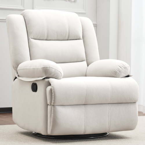 Swivel Rocking Recliner Chair for Adults, Overstuffed Manual Rocker Nursery Recliner Glider, Upholstered Fabric Reclining Single Sofa Chair for Living Room (Beige)