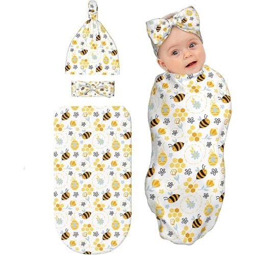 Bee Baby Stuff Newborn Swaddle Blanket with Beanie Hat and Headband Set,Baby Swaddle Blanket Gifts for Infant Shower Boys Girls