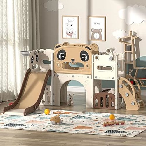 9 in 1 Toddler Slide and Climber Playset Indoor Outdoor Kids Slide with Basketball Hoop,Telescope and Storage Space, Freestanding Backyard Playground for Children Age 1-6