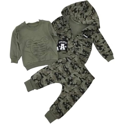 Baby Boys 3 Piece Outfit Set –100% Cotton Camo Hoodie, Sweatshirt & Jogger Pants, Toddler Tracksuit for Infants and Kids.
