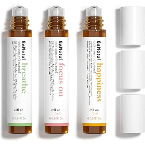Benatu Essential Oil Blends Set (Breathe, Focus on, Happiness), Natural Aromatherapy Roll On for Massage, Body Skin Care, Home - Natural Fragrance Gift Roller for Women and Men