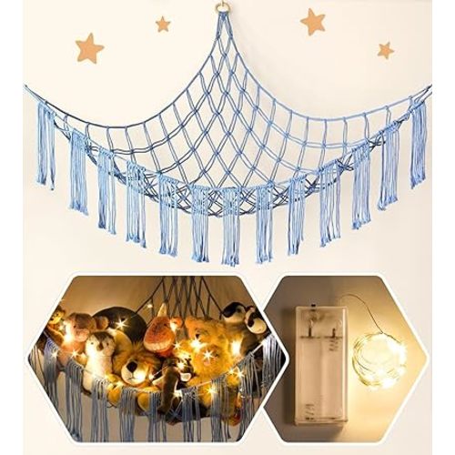 Stuffed Animal Hammock Corner Storage with LED Light - Bluey Room Decor for Girls - Teddy Bear Stuffy Hammock - Cute Blue Things for Bedroom - Wall Ceiling Hanging Decor