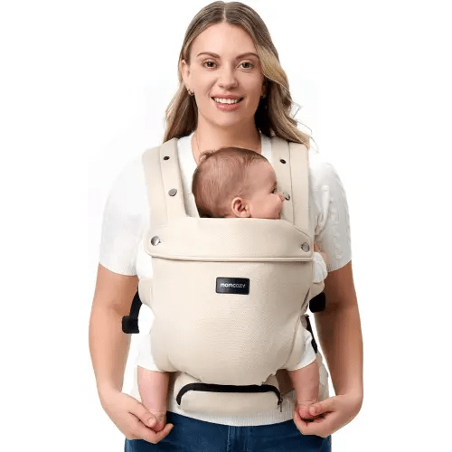 Momcozy Newborn Baby Carrier - Ergonomic, Cozy and Lightweight Carrier for 7-24lbs, Adjustable Neck Support with Sunshield, Breathable Airmesh Perfect for Summer Outing, Khaki