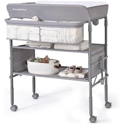 Maydolly Baby Changing Tableplus with Sturdy Frame and Locking Bracket, Adjustable Height, 2-Tier Storage Shelves with Waterproof Changing Topper and Quick-Fold Button, Nursery Organizer for Newborn and Infant
