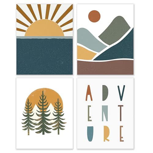 BESERH Boho Nursery Adventure Wall Art Set of 4, Adventure Nursery Decor, Boho Sun Woodland Mountain Forest Posters Wall Decor for Baby Toddler Boy Girl Room Nursery Playroom, 8x10 Inches Unframed