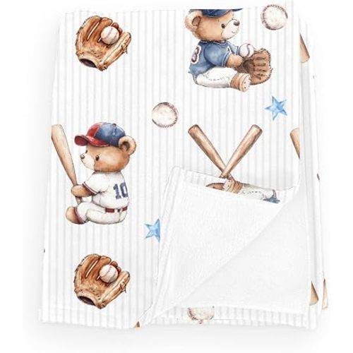 Cute Baseball Bear Star Stripe Baby Blankets for Boy Girl Sport Bears Animal American Patriotic Flannel Fleece Blanket for Kids Infant Newborn Sports Lover Gift Bed Blankets White 30x40inch