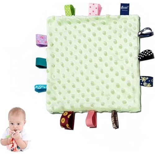 HECCEI Green Baby Security Blanket with Colorful Satin Tags, Infant Appease Blankets Toy, Taggies Blanktes - 10 x 10 inches Square Blanket for 3+ Months Babies Boys/Girls