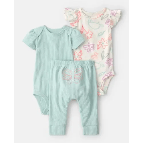 Baby Girl 3-Piece Butterfly Bodysuits & Pant Set - Blue/Ivory | Carter's